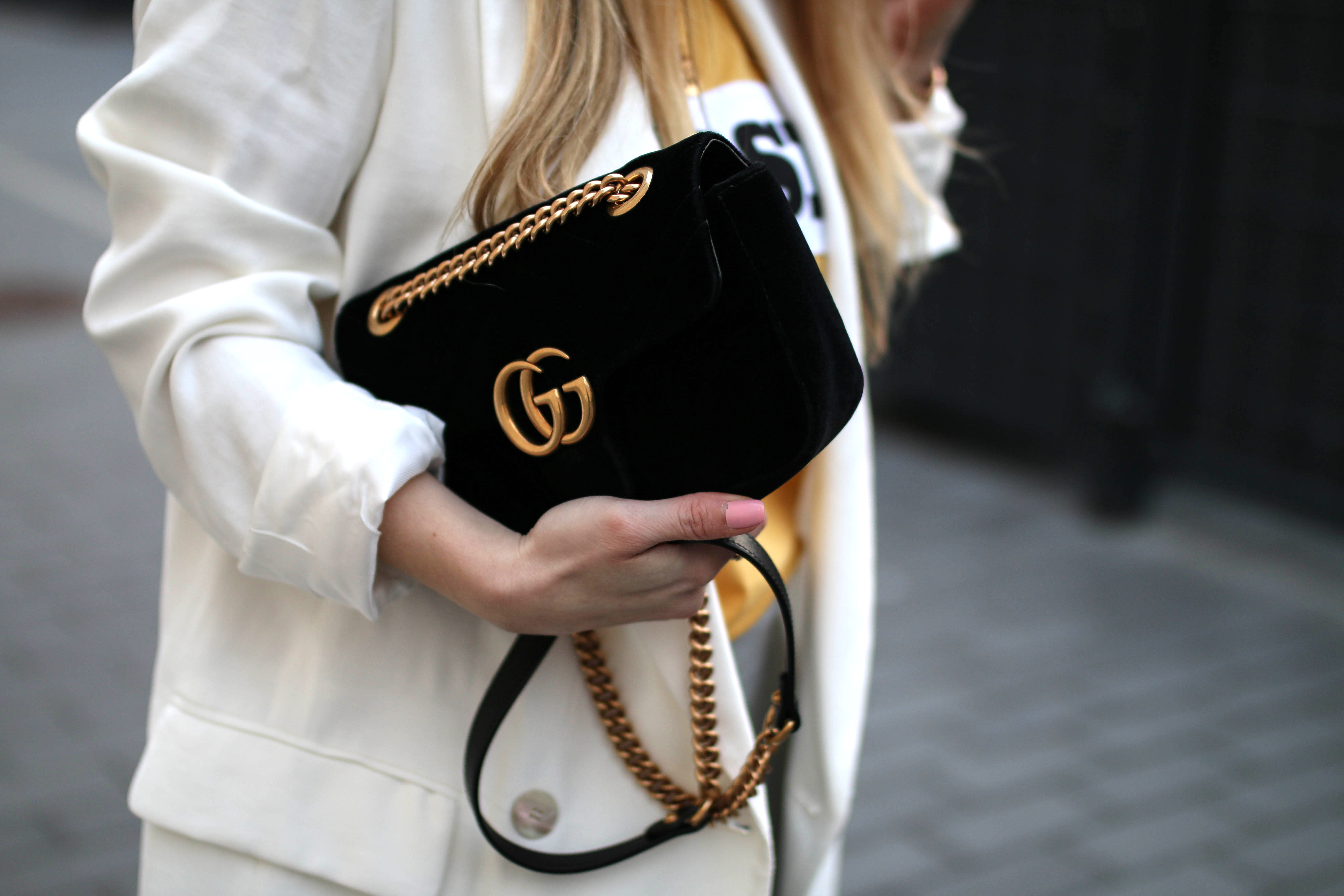 track pants gucci marmont bag outfit inspiration • Fashiontwinstinct
