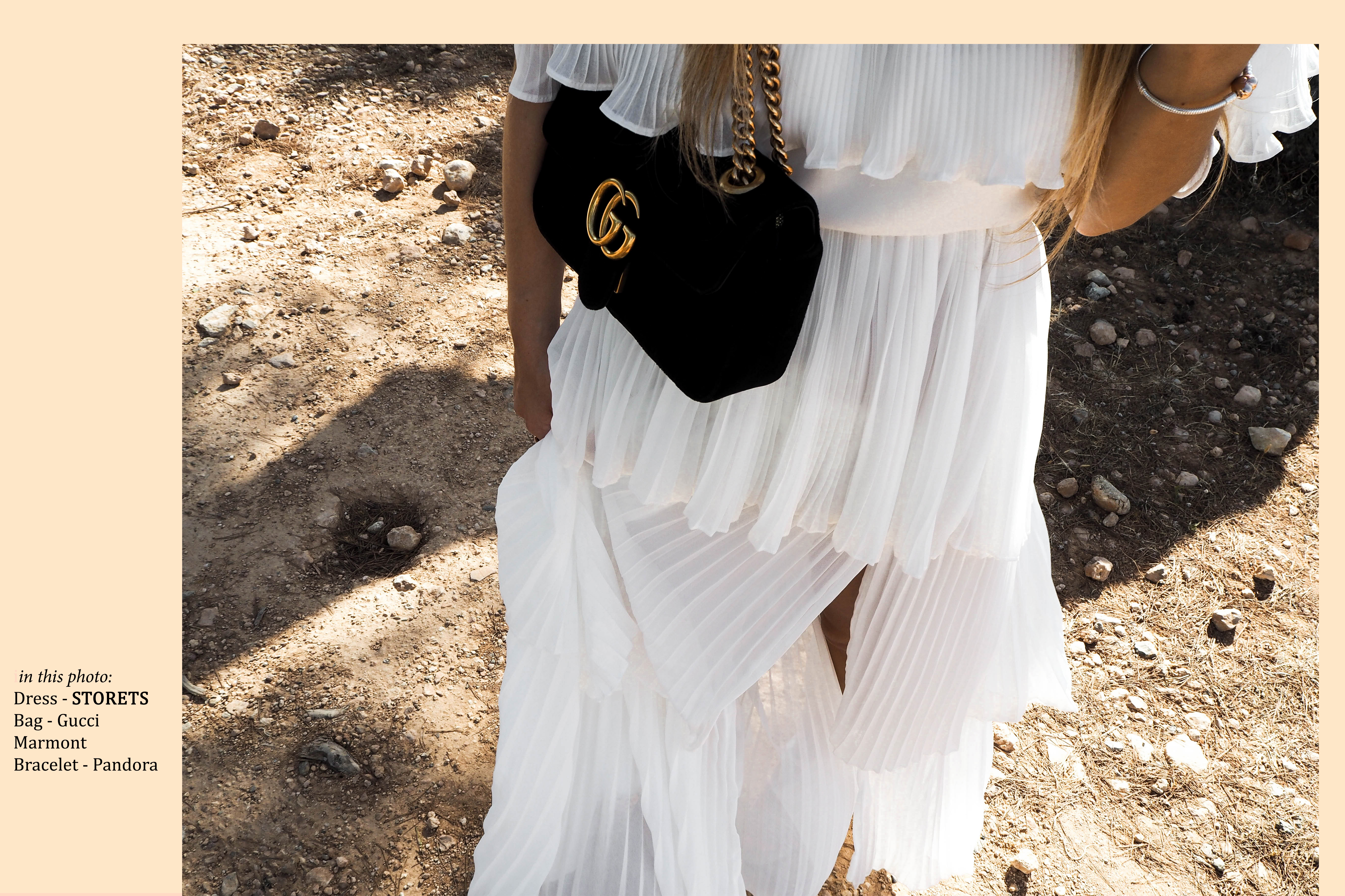 White Summer Dress Gucci Marmont Bag Velvet black fashionblog photoshoot  pandora bracelet • Fashiontwinstinct